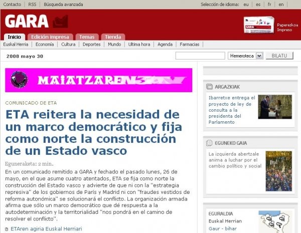 Página web del diario Gara.