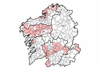 Mapa de Galicia con las zonas en rosa en las que se llevó a cabo el apagón.
