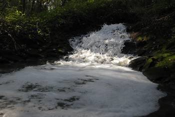 El río Barbaña, teñido de blanco en las inmediaciones de la depuradora de San Cibrao. (Foto: MIGUEL ÁNGEL)