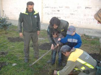 Dos alumnos reciben ayuda para plantar árboles.