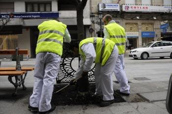 Operarios de Ecourense limpian un alcorque. (Foto: MARTIÑO PINAL)
