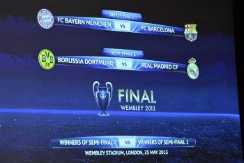 Vista de una pantalla que muestra los emparejamientos de la eliminatoria de semifinales de la Liga de Campeones.