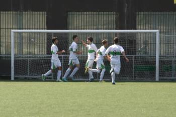 Los juveniles pabellonistas celebran uno de los goles al Pontevedra. (Foto: JOSÉ PAZ)