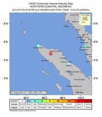 Fotografía distribuida por el Instituto Geológico de Estados Unidos (USGS) que muestra un mapa los puntos de mayor actividad sísmica registrada tras el terremoto de 6,1 grados de magnitud en la escala abierta de Richter (Foto: efe)