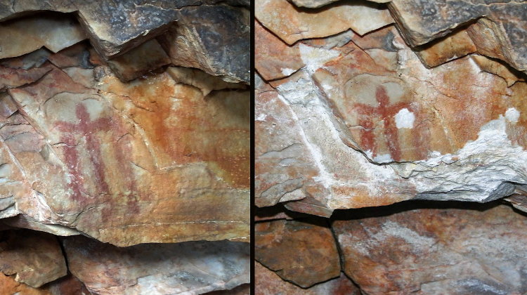 Imágenes facilitadas por Benito Navarrete del antes y el después del estado de la pintura rupestre encontrada hace 41 años en la cueva de Los Escolares de Santa Elena 