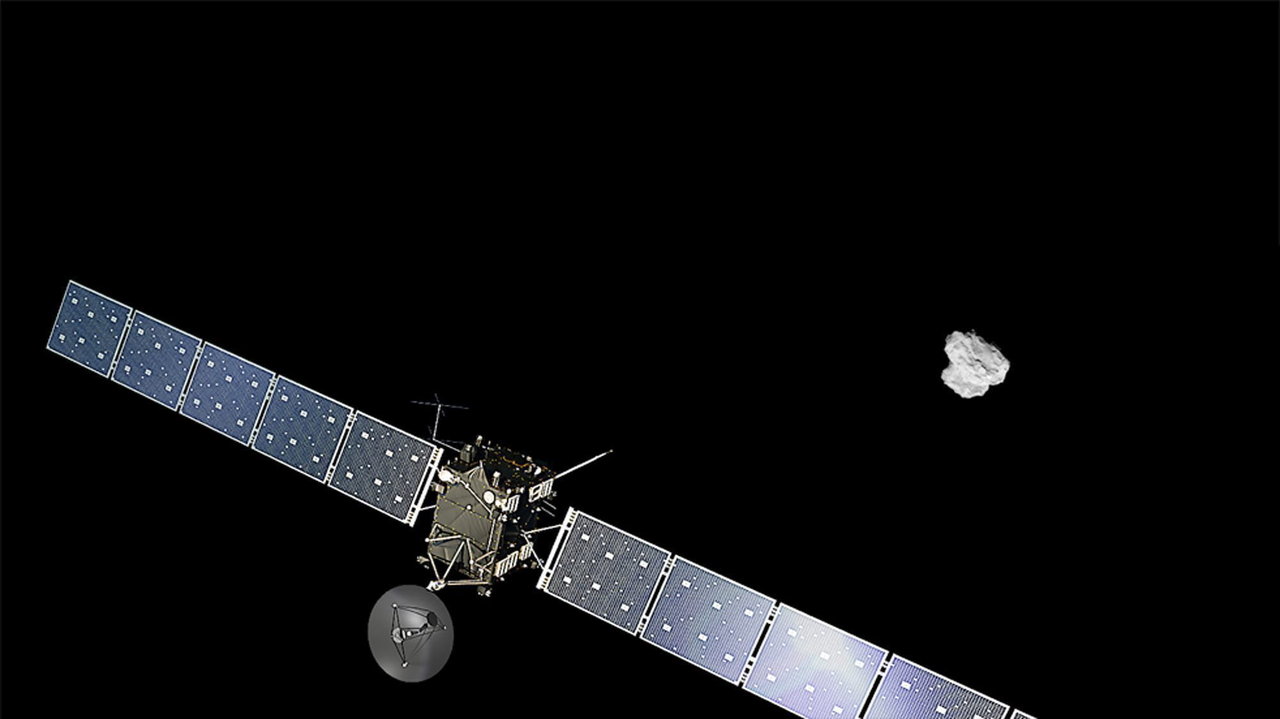 Imagen facilitada por la Agencia Espacial Europea (ESA) que muestra a representación realizada por un artista de la sonda europea Rosetta acercándose al cometa 67/P Churyumov-Gerasimenko