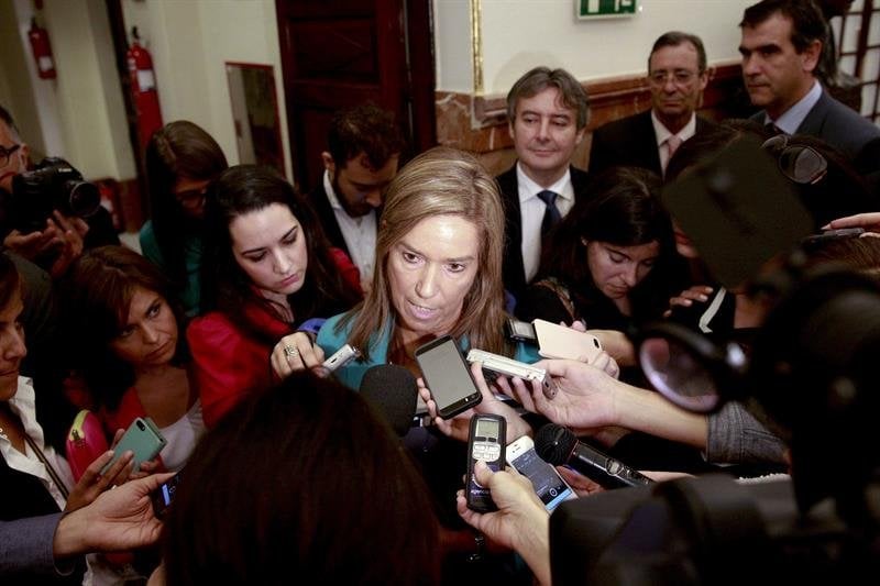La ministra de Sanidad, Servicios Sociales e Igualdad, Ana Mato, en declaraciones en los pasillos del Congreso de los Diputados 