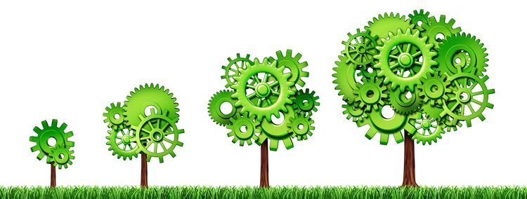Growing economy industry business growth green power gears cogs tree industrial environmental motion agriculture isolated
