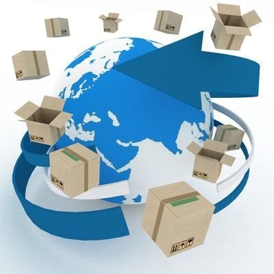 3d cardboard boxes around globe on white background. Worldwide shipping concept. 