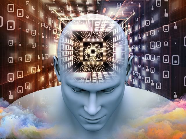 Mind Processor series. 3D illustration of Human head with CPU in perspective for works on  artificial intelligence, mind, mass media and modern technology