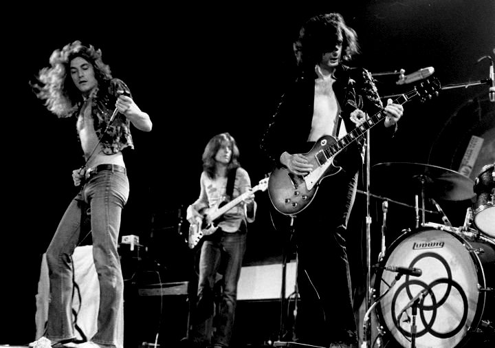 LOS ANGELES - JUNE 03: Rock band 'Led Zeppelin' performs onstage at the Forum on June 3, 1973 in Los Angeles, California. (L-R) Robert Plant, John Paul Jones, Jimmy Page, John Bonham. (Photo by Michael Ochs Archives/Getty Images)