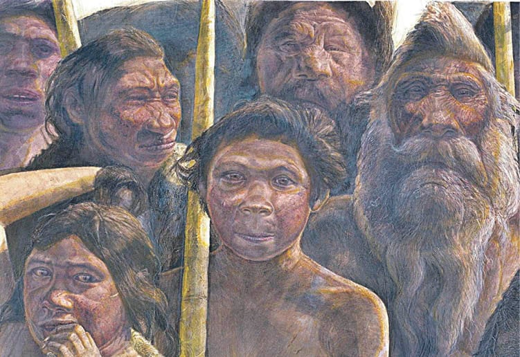 Dibujo del Museo de la Evolución Humana que muestra los homínidos, Homo heidelbergensis, de la Sima de los Huesos, en el yacimiento de Atapuerca.