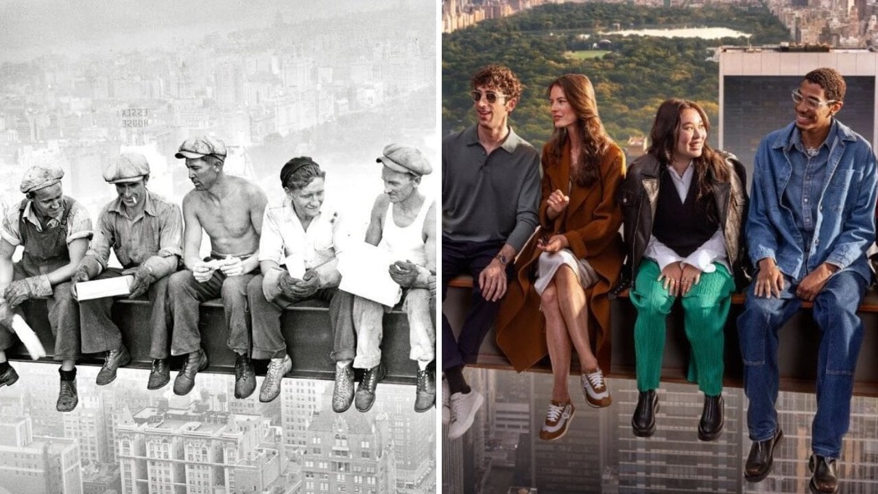 A la izquierda, la mítica foto, y a la derecha, un grupo recrea la imagen en la nueva atracción del Rockefeller Center (Instagram).