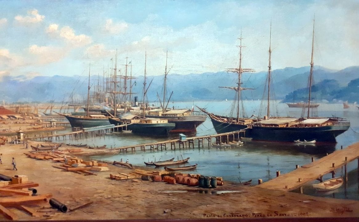 O porto de Santos nunha imaxe de 1882 e un retrato de José Pascual Gómez publicado en 1910 en “Vida Gallega”.