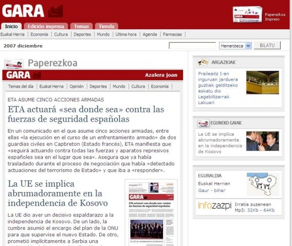 Página digital del diario Gara en el que se recoge un avance del comunicado de ETA.