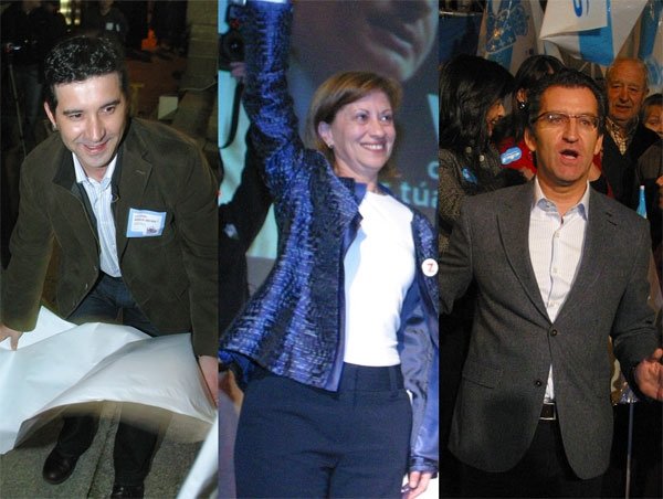  A la izquierda Iago Tabarés, del BNG; en el centro, candidatos del PSOE y a la derecha, Delgado.