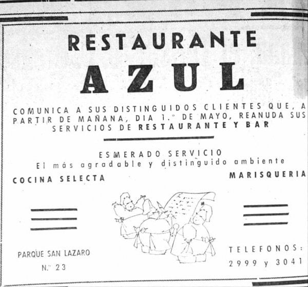 (2) Anuncio en La Región de 1958 informando que el restaurante   "Azul" reabría sus puertas.