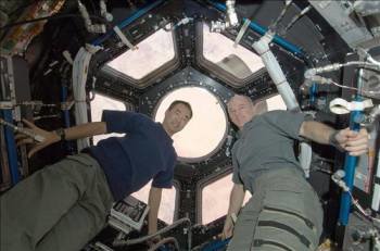El ingeniero de vuelo japonés, Soichi Noguchi,y el comandante de la Expedición 22, Jeffrey Williams, posan en la cúpula de la EEI. (Foto: NASA)