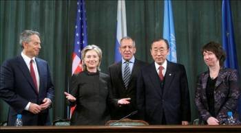 Tony Blair, Hillary Clinton, Ban Ki-Moon, Sergéi Lavrov y Catherine Ashton. (Foto: SERGEI CHIKIROV)