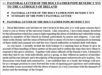 Copia de la primera página de la carta pastoral del papa Benedicto XVI enviada a los católicos irlandeses. (Foto: EFE)