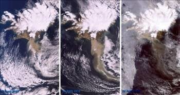 Imagen que que muestra tres fotografías de la evolución de la erupción del volcán Eyjafjalla. (Foto: EFE)