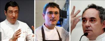 Los chefs españoles Joan Roca, de 'El Celler de Can Roca'; Andoni Luis Aduriz, de 'Mugaritz', y Ferrán Adriá, de 'El Bulli', cuyos restaurantes se encuentran entre los cincos mejores del mundo. (Foto: EFE)