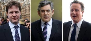 El líder del Partido Demócrata Liberal, Nick Clegg; el primer ministro británico, Gordon Brown, del Partido Laborista; y el líder conservador, David Cameron. 