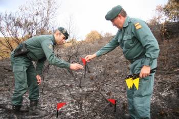 Agentes de la Guardia Civil investigan el punto de comienzo de un incendio. (Foto: Xesús Fariñas)