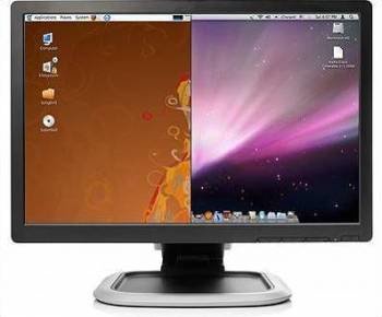 Fotocomposición de un monitor con un fondo de escritorio de Linux Ubuntu (izq.) y Mac OS X Snow Leopard (der.).
