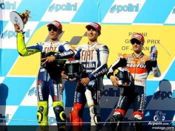 Pedrosa, Lorenzo y Rossi, trío de ases en un podio de un Gran Premio.