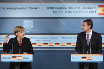 Merkel durante su comparecencia pública, junto con José Luis Rodríguez Zapatero. (Foto: JAVIER LIZÓN)