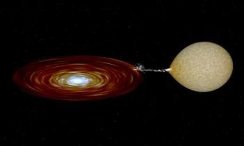Representación de un sistema similar a XTE J1859+226. Se aprecia la estrella, el chorro de materia que va hacia el agujero negro y el disco que se forma en torno a éste. Fuente/Jesús Corral Santana (IAC). 