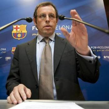  El presidente del FC. Barcelona, Sandro Rosell, durante la rueda de prensa que ofreció en las instalaciones del Camp Nou. Foto: EFE