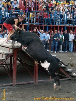 El toro 'Ratón' se lanza sobre dos jóvenes en un festejo taurino en Valencia.