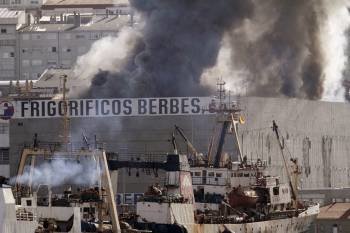 Vista del incendio de grandes dimensiones, pero sin daños personales, que se ha producido en una nave frigorífica de pescado y que ha colapsado durante varias horas el centro de Vigo (Foto: EFE)