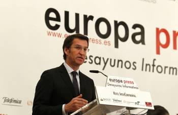Núñez Feijóo, durante su intervención en el desayuno informativo, en Madrid. (Foto: E.P.)