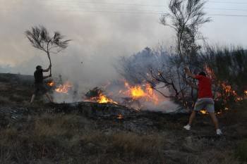 Vecinos de Ratoeiras y Medón, en Montederramo, intentando sofocar ayer las llamas.  (Foto: JAINER BARROS)