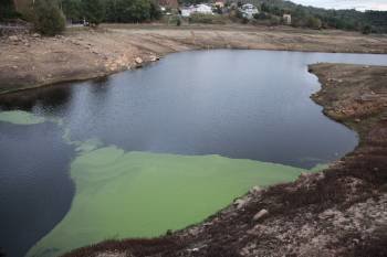 Mancha verdosa en el ambalse de Cachamuiña, que tiene un bajo nivel de ocupación, por lo que todavía no abastece a la ciudad (Foto: JOSÉ PAZ)