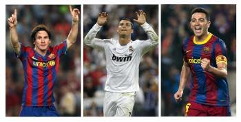 Los jugadores del Barcelona Lionel Messi (i) y Xavi Hernández (d) y el del Real Madrid Cristiano Ronaldo son los tres candidatos al Balón de Oro 2011 (Foto: EFE)