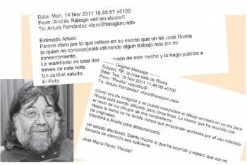 Reproducción de los correos electrónicos en los que El Roto y Peridis niegan haber colaborado en el libelo de José Rivela
