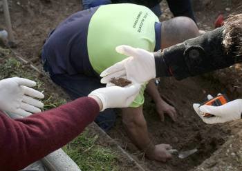 Varios operarios del cementerio municipal de Alicante han comenzado esta mañana las labores de exhumación, en una fosa común, de cinco presuntos bebés robados entre las décadas de 1960 y 1980 (Foto: EFE)