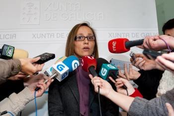 Elena Muñoz Fonteriz, atendiendo a los medios de comunicación en Santiago. (Foto: XOÁN CRESPO)