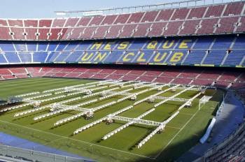 El césped del Camp Nou, ayer cuidado con mimo. (Foto: A. DALMAU)