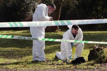 Agentes judiciales y forenses buscan pruebas en la parroquia de Burgas, donde han sido hallados dos cadáveres en una casa familiar, y todos los indicios apuntan a un atraco en el que han muerto un hombre de 77 años y su hijo de 51 (Foto: EFE)