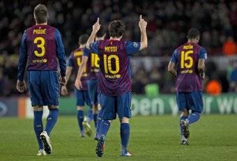 El delantero del Barcelona Leo Messi celebra tras marcar su quinto gol al Bayer Leverkusen. (Foto: A.García)