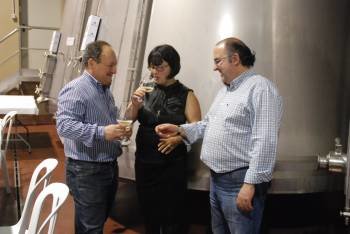 Óscar de Toro, Mónica Novas y Joaquín Sánchez brindan con vino de Valdeorras. (Foto: LUIS BLANCO)