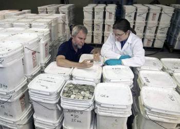Dos expertos del Ministerio revisan el tesoro devuelto por la empresa desde Estados Unidos en febrero. (Foto: ARCHIVO)