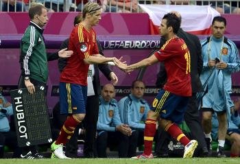 El jugador de la selección española Cesc Fabregas (c-dcha) es sustituido por Fernando Torres (Foto: efe)