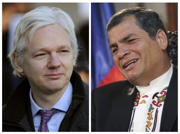 Combo fotográfico que muestra al fundador de WikiLeaks, Julian Assange (i), en Londres, Reino Unido, el 2 de febrero de 2012; y al presidente ecuatoriano, Rafael Correa (d), en Cochabamba, Bolivia, el 4 de junio de 2012. 