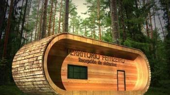 Curioso bungalow hecho de troncos de madera que sirve de recepción para los visitantes.